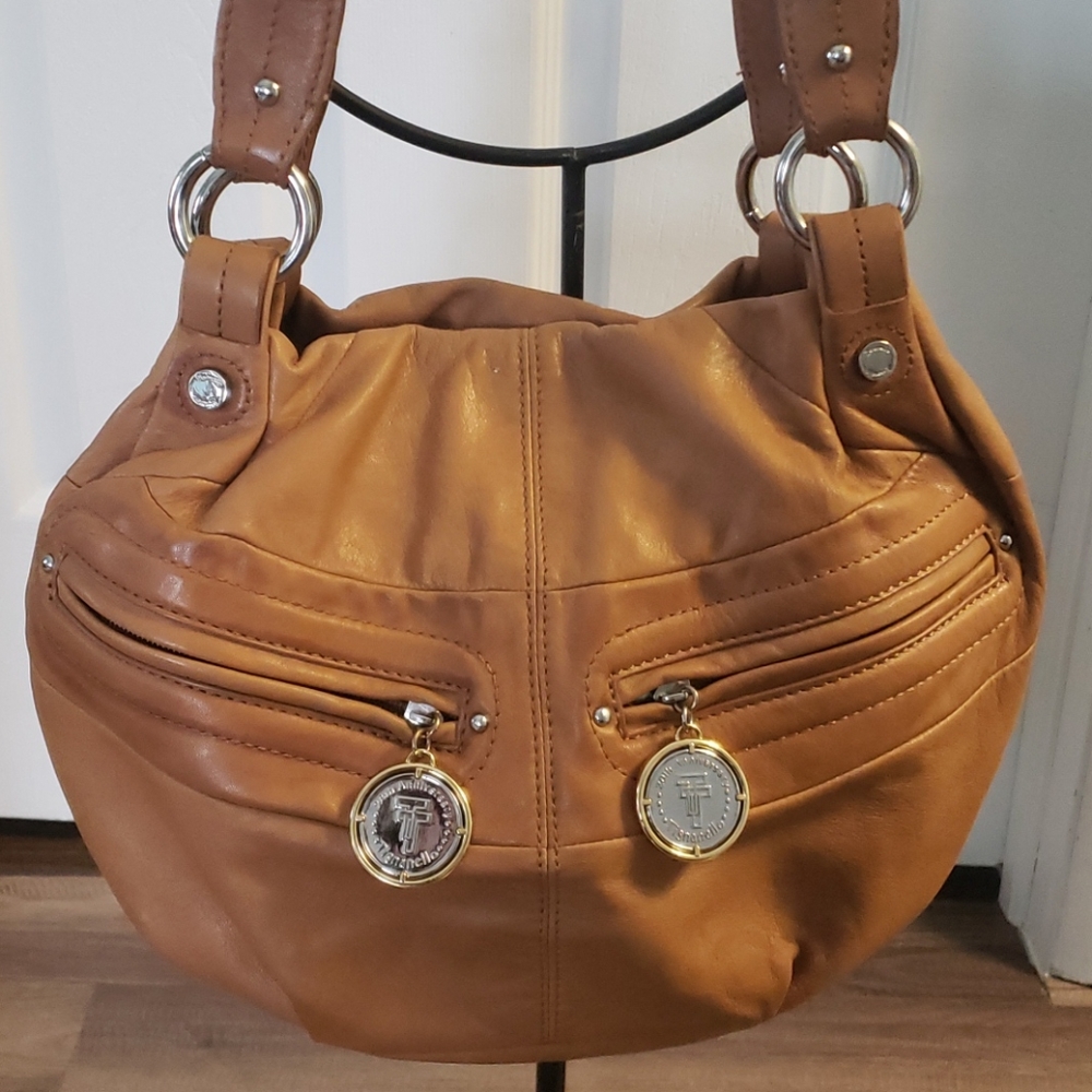 Tignanello Tan Shoulder Bag with Gold-Tone Medallions
